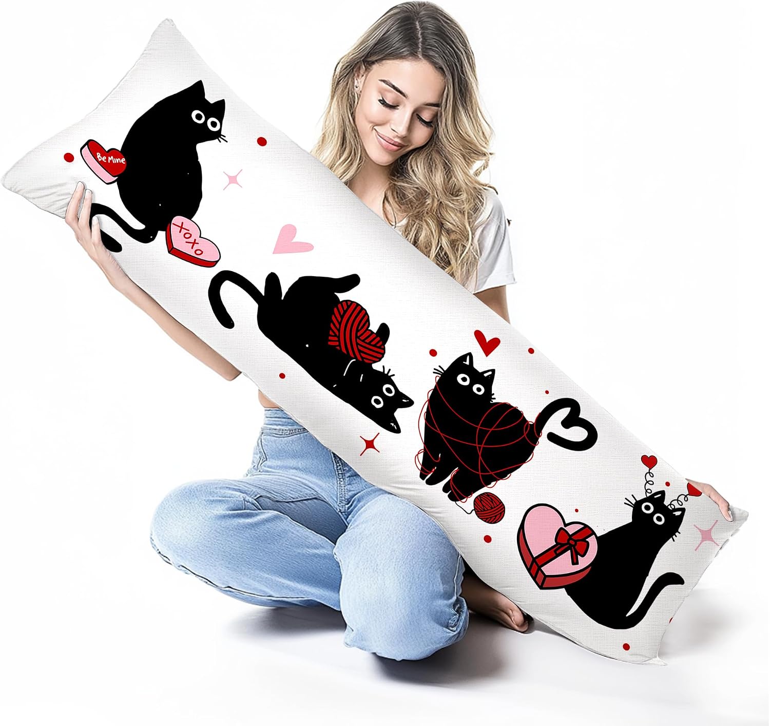 Valentine's Day Black Cat 20x54 Body Pillow Cover Case, Valentine's Day Cat Lovers Mom Lady Gifts, Valentines Love Heart Black Kitty Decorative Long Hug Pillow Cases for Adults Kids