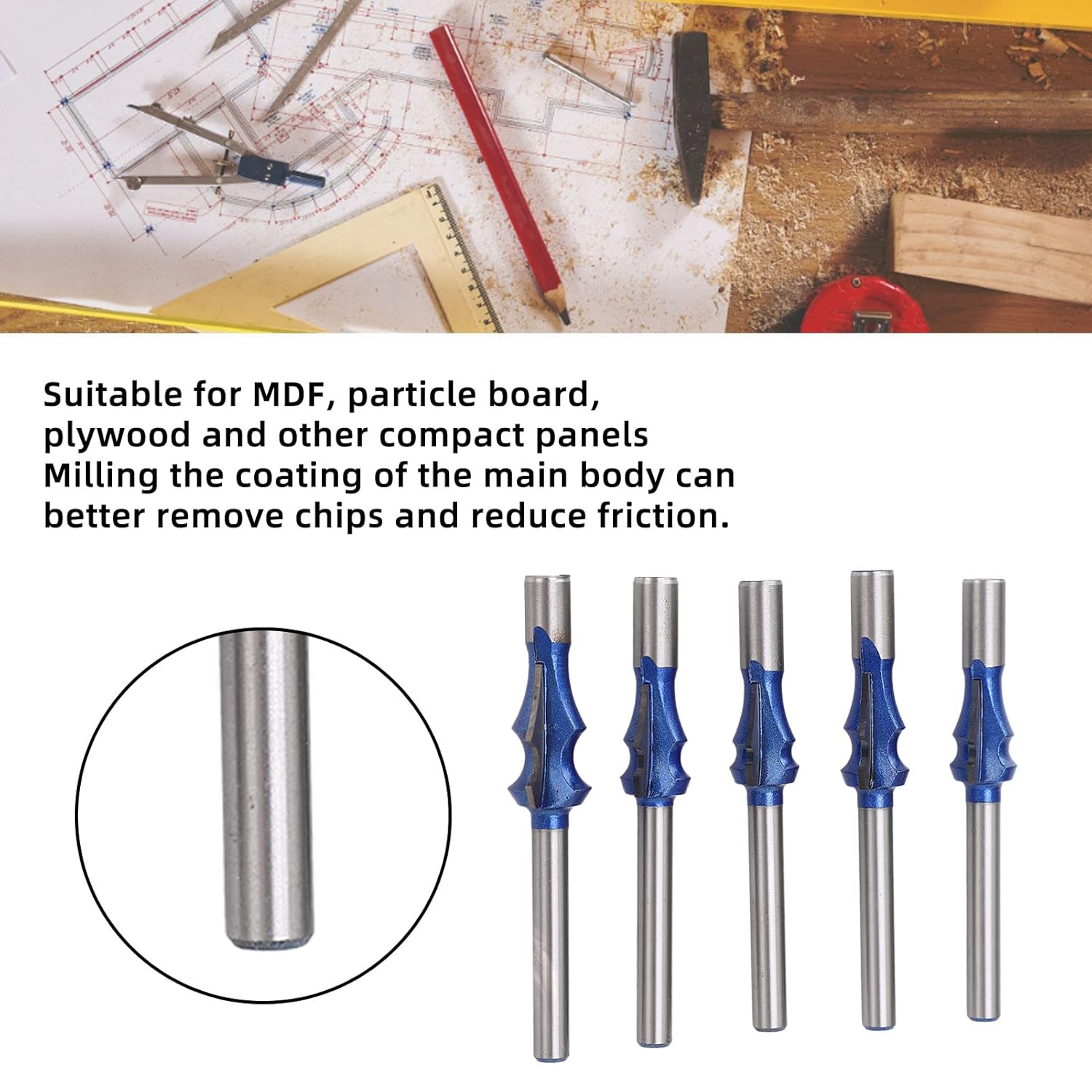 1/4 Shank Architectural Router Bit Set, Woodworking Milling Cutter for MDF Particle Board, Nano Blue Coated Flush Trim Bit with 5 Radius Sizes for Precise and