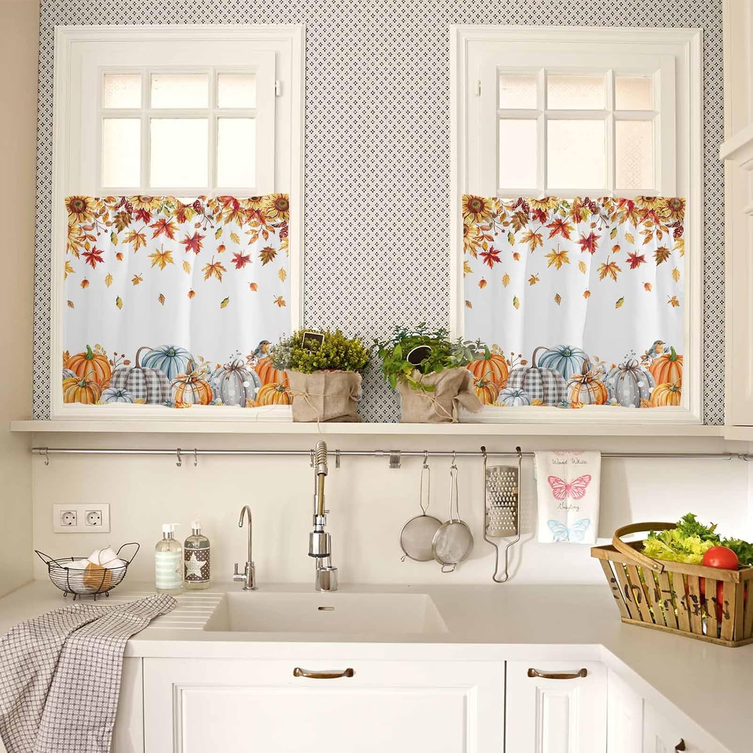 Fall Pumpkin Kitchen Window Tier Curtains and Valance 3 Pieces Set Farmhouse Sunflower Maple Leaves Window Valances Rod Pocket Panels Privacy Thanksgiving Cafe Tiers Bedroom Short Window Treatment