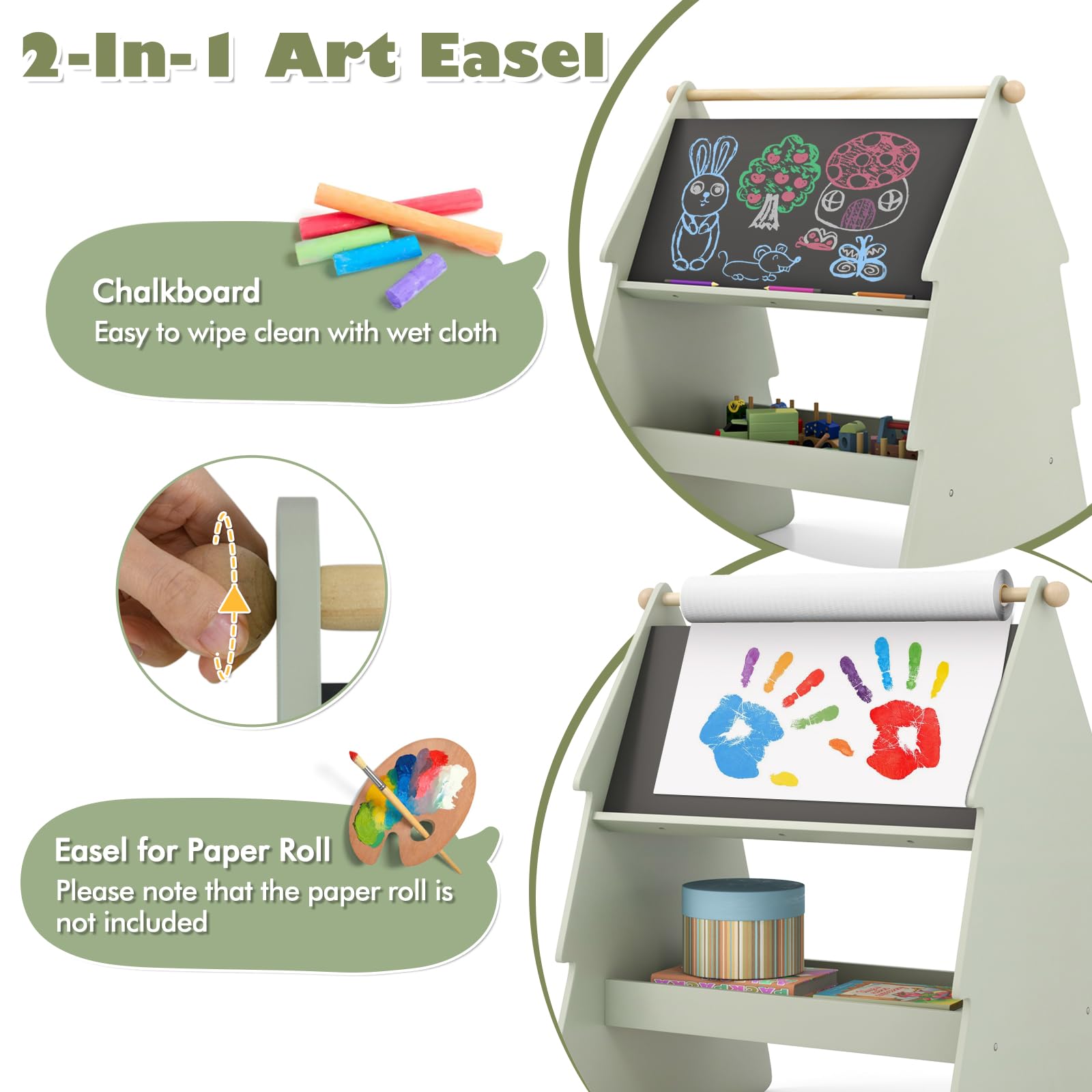 HOMASIS Pintura infantil de doble cara, Juego de caballete de arte en forma de árbol con taburete, rollo de papel, caballete y silla para niños a partir de 3 años, 68 x 60 x 80 cm