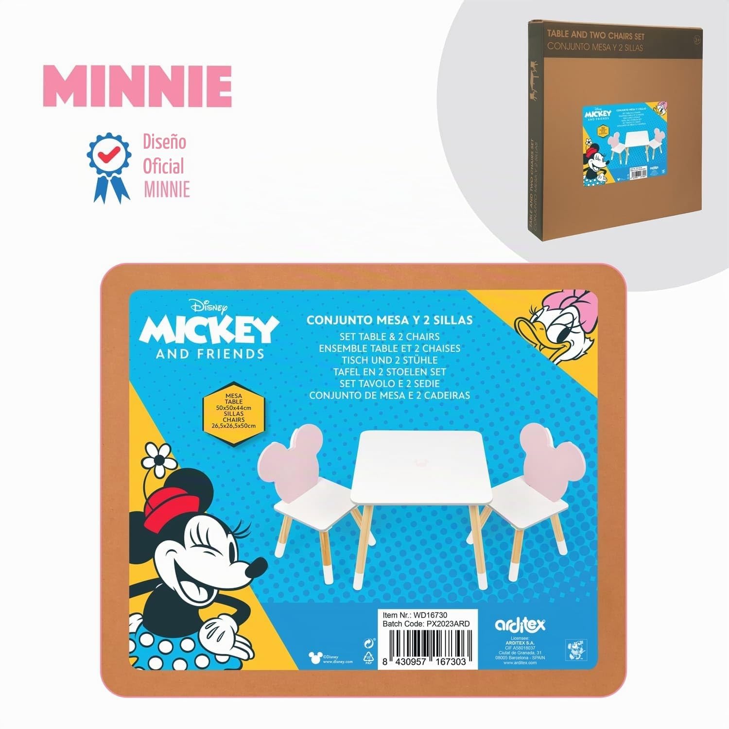 ARDITEX - Set de Mesa y 2 Sillas Infantiles de Madera - 50x50x44 cm y 26,5x26,5x50 cm - Ideal para Jugar, Pintar y Hacer Manualidades - Licencia Oficial Minnie Mouse
