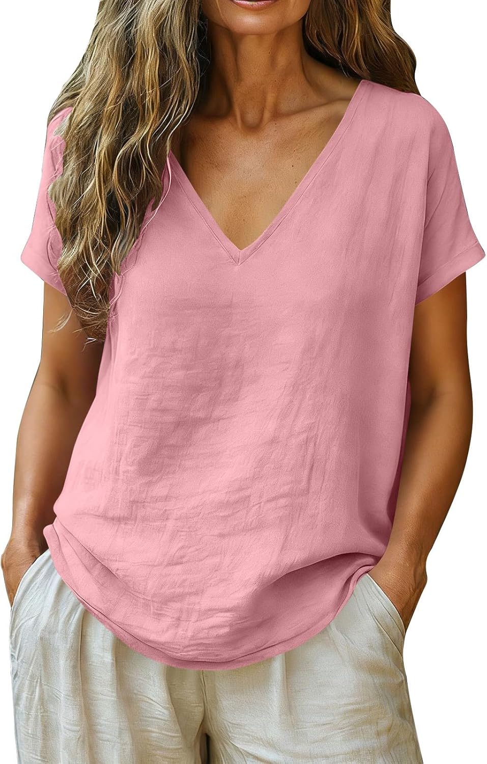 Linen Shirts for Women Summer Short Sleeve Loose Fit Casual V Neck Gauze Tunic Tops Solid Color Comfy Basic Tees