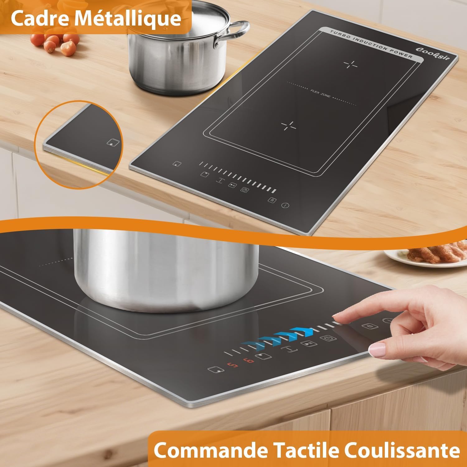 Plaque à Induction 2 Feux avec Prise, Plaque de Cuisson Encastrable 30CM avec Cadre Métallique, 3500W, Zone Combinée pour Barbecue, Curseur Tactile, Verrouillage de Sécurité, Minuterie, 220V - 4