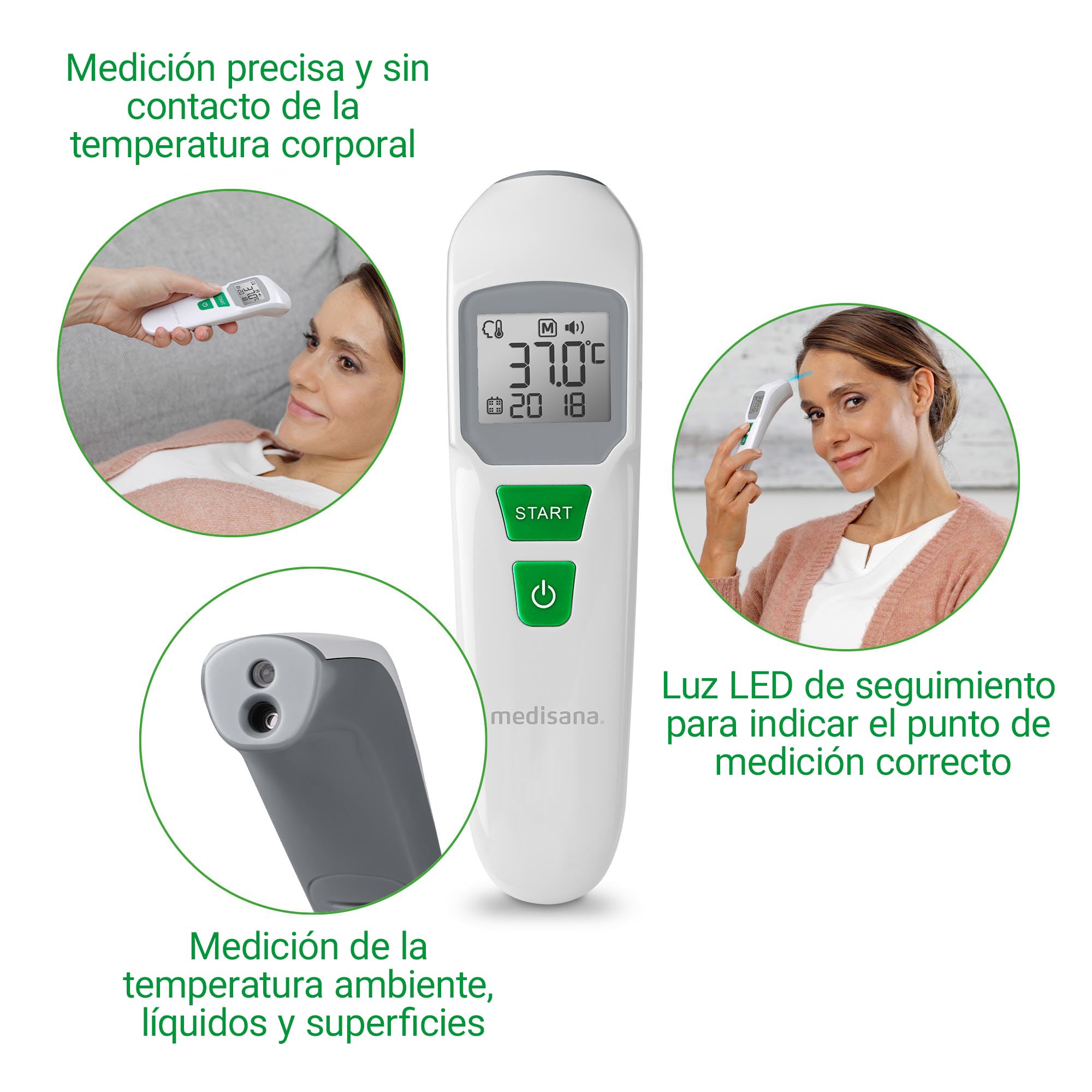 medisana TM 762 termómetro digital para la frente termómetro clínico para bebés, niños y adultos con alarma visual de fiebre, función de memoria y medición de líquidos