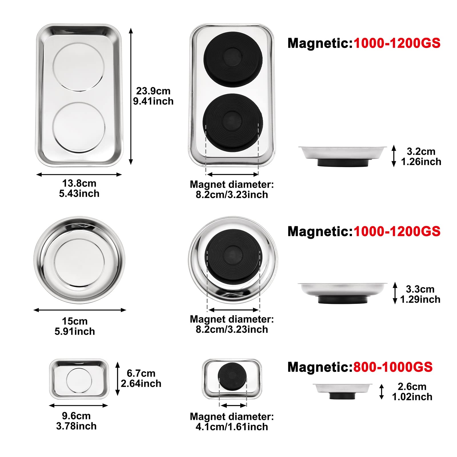 CASOMAN 3-Piece Round and Square Magnetic Trays Set, Stainless Steel, 5.9" Round, 9.4"Wx5.4"L & 3.8"W x 2.6"L Square - Image 2
