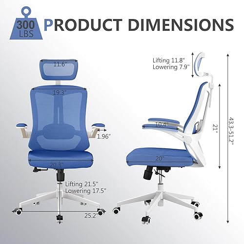 Miniatura 58 de Silla de oficina ergonómica, silla de escritorio ajustable de malla resistente con ruedas, reposabrazos y soporte lumbar, cómoda silla para oficina