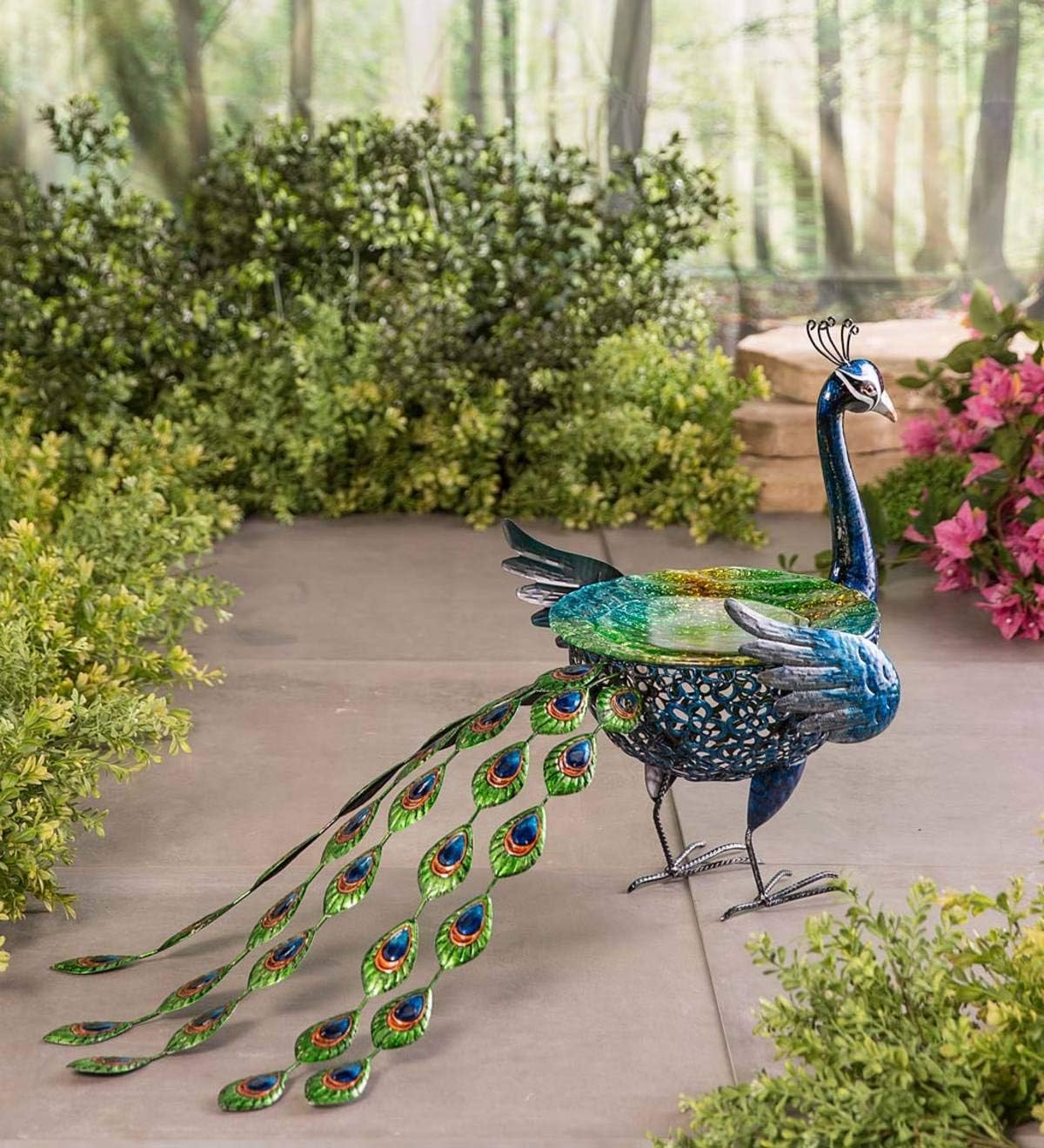 Vibrant Metal Peacock Birdbath with Glass Bowl