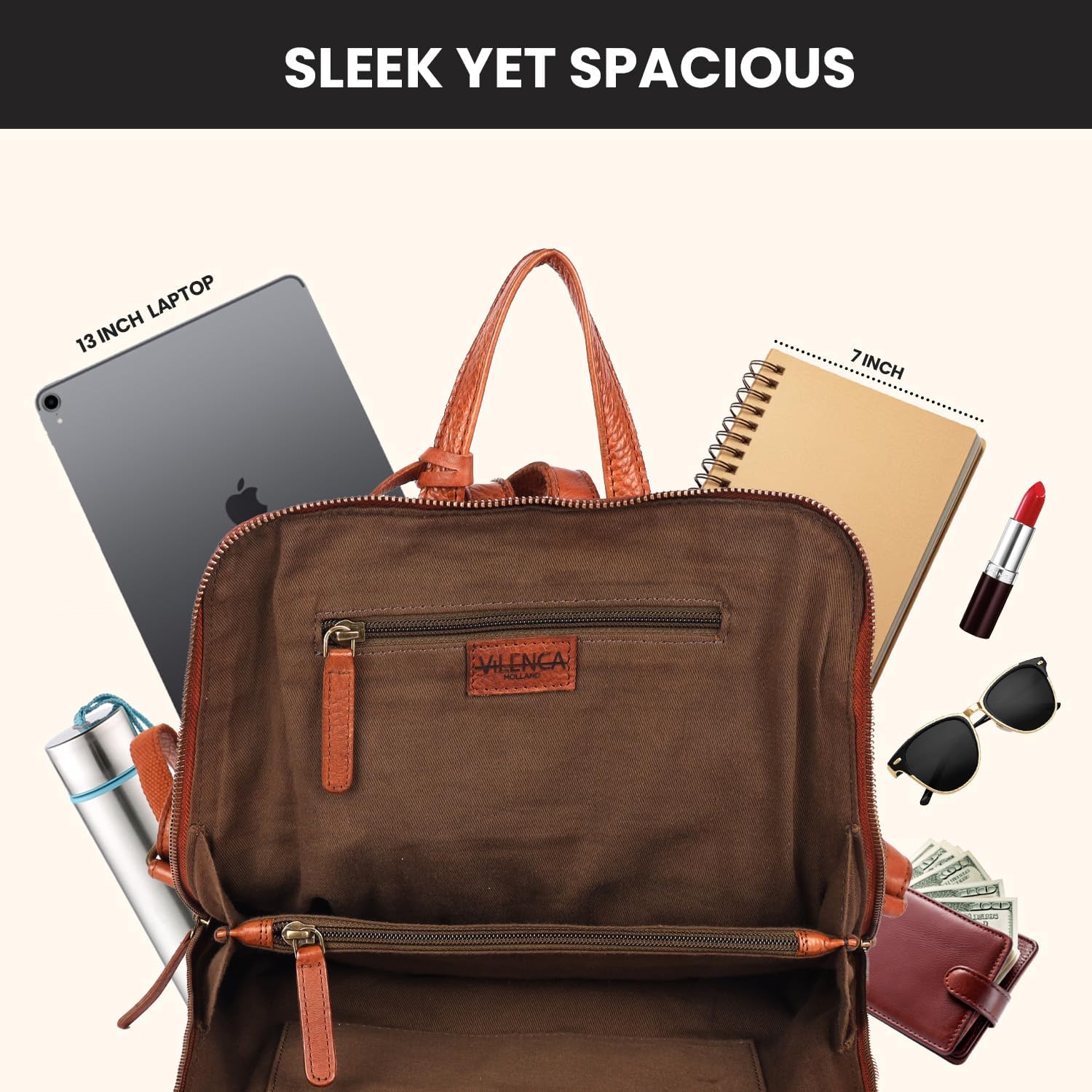 14.5 Inch Genuine Leather Backpack for Women and Men, Cognac Leather Backpack with Adjustable Shoulder Strap - Image 4