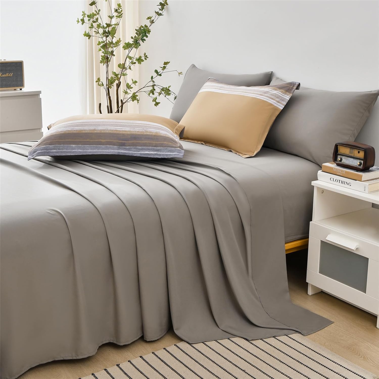 7 Piece Bed in a Bag Stripe Comforter Set Queen Size, White Grey Khaki Patchwork Striped Comforter and Sheet Set, All Season Soft Microfiber Complete Bedding Set(Khaki,Queen) - Image 4