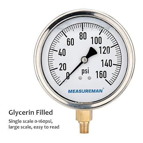 Miniatura 2 de MEASUREMAN Tamaño del dial de 4", manómetro de plomería relleno de glicerina, 0-160psi, caja de acero inoxidable, montaje inferior NPT de 14"