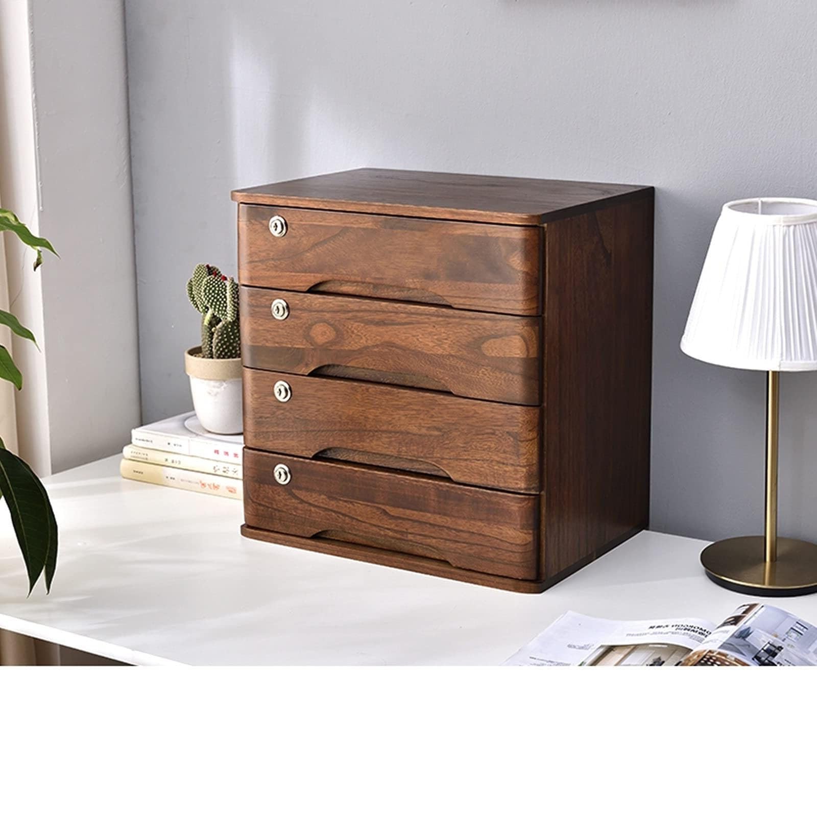 Archivador de escritorio – Caja de almacenamiento de madera maciza con cerradura de 1/2/3/4 niveles sistema de cajones para hogar/oficina, solución de almacenamiento seguro de archivos