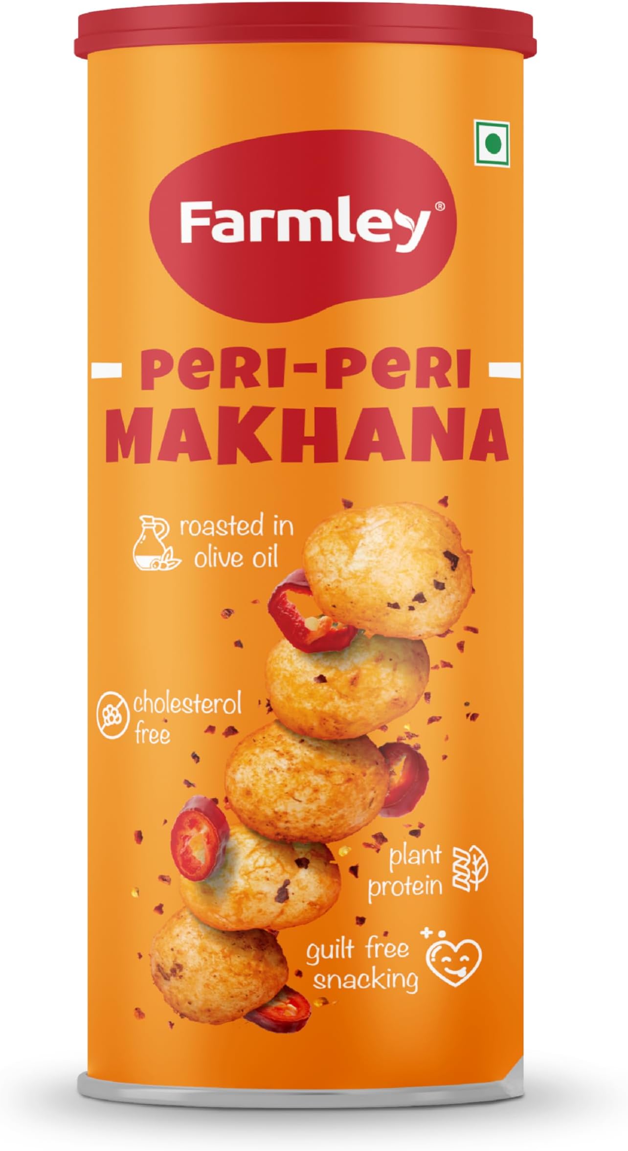 Farmley Roasted and Flavoured Makhana | Peri Peri Makhana | Namkeen Snacks & Puffed Snacks | Healthy Snack | Cholesterol Free | Gluten Free | Rich In Protein & Fiber | Roasted In Olive Oil - 77g Jar