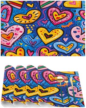 Colorful Love Placemats Set of 4 Vinyl Washable Non-Slip Heart Table Mats, Heat Resistant Wrinkle Free Place Mats for Dining Table