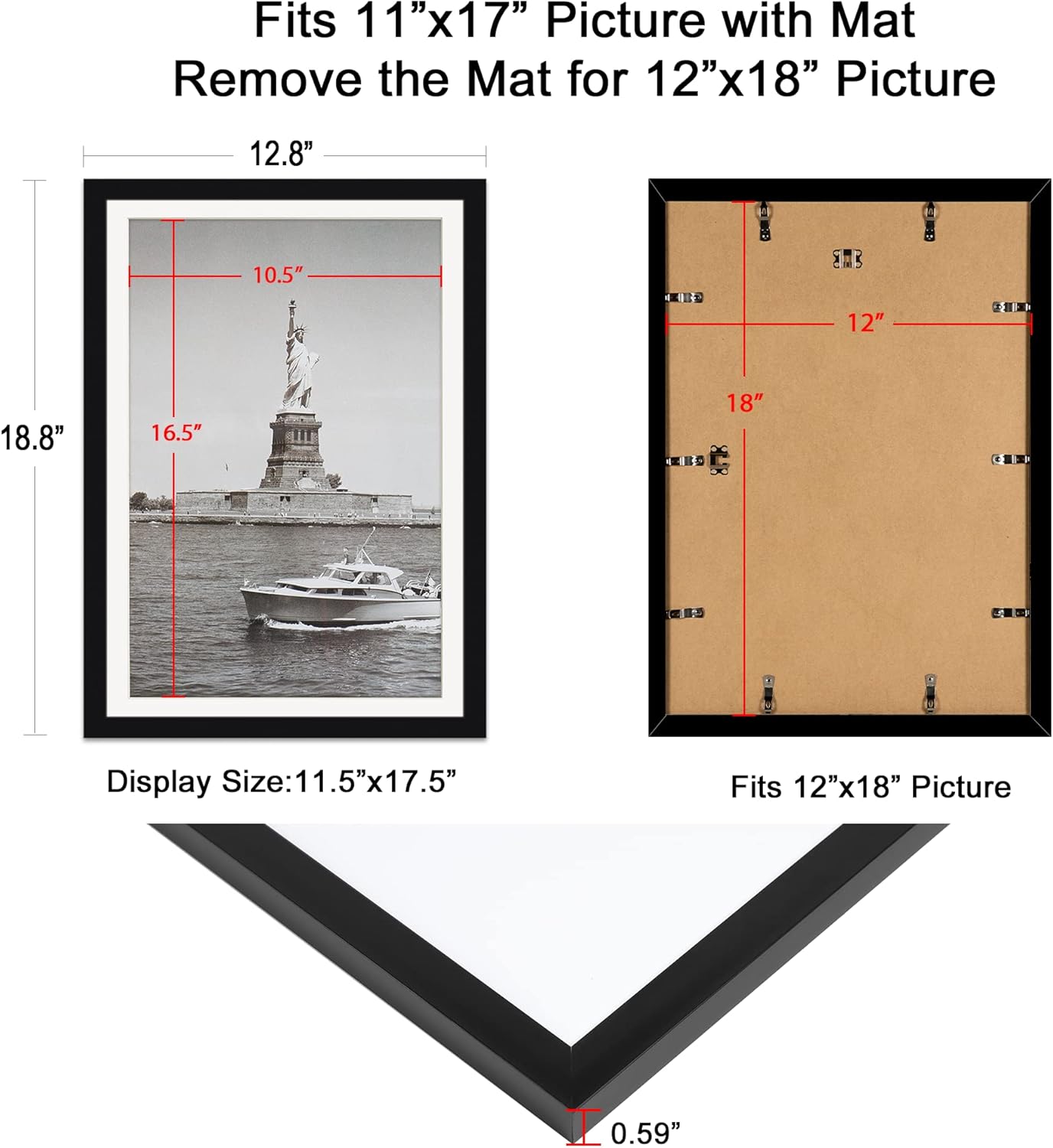 ENJOYBASICS 12x18 Picture Frame Black Poster Frame,Display Pictures 11x17 with Mat or 12x18 Without Mat,Wall Gallery Photo Frames,2 Pack -