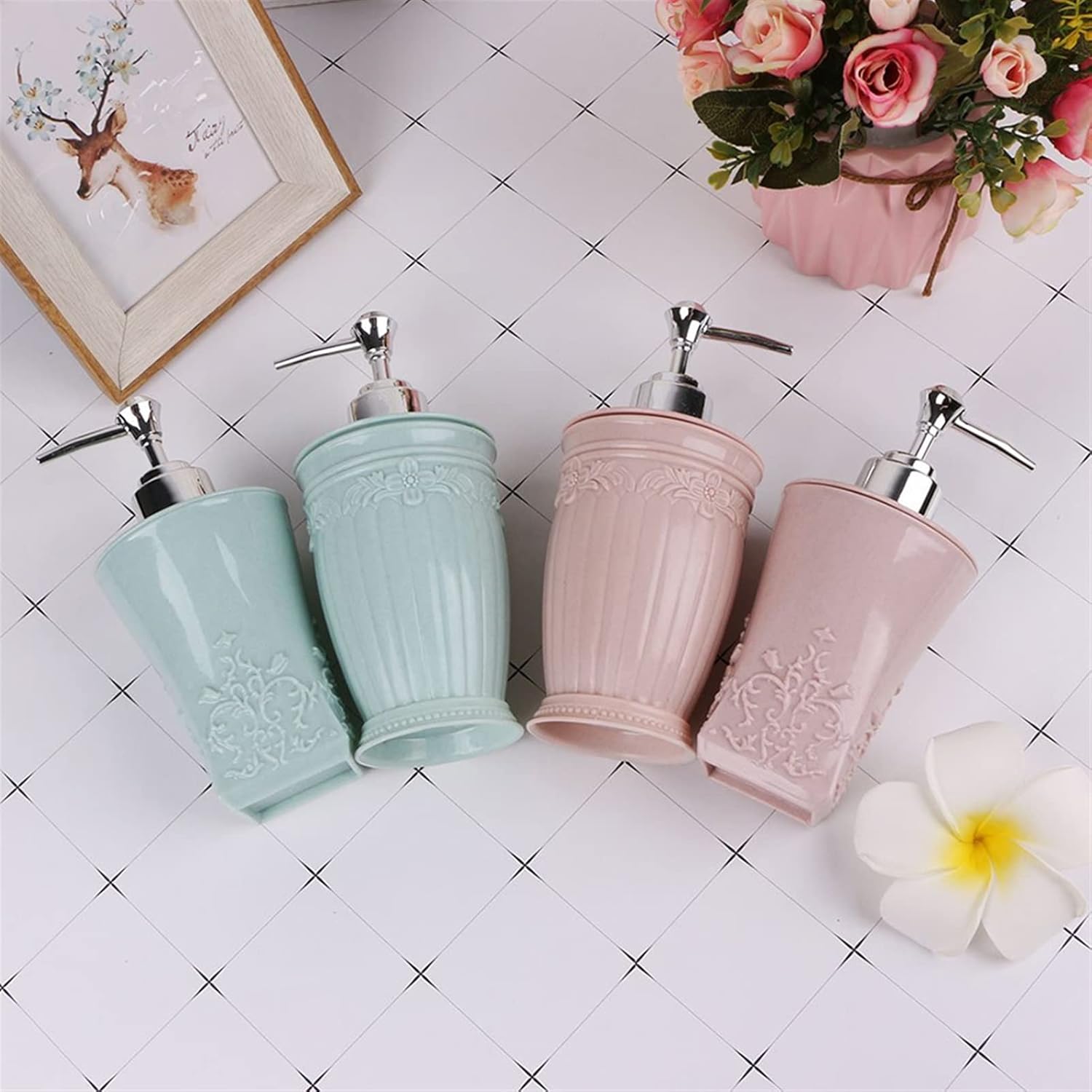 400ML Liquid Soap Dispensers Lotion Shampoo Carved Flower Pump Bottles Soap Container Supplies for Kitchen And Bathroom Lotion Soap Dispenser (Color : Pink 1) (Green 1)