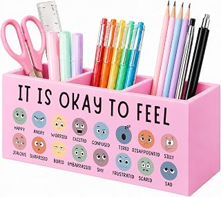 Pink Mental Health Feelings Chart Pen Holder for Desk, Counselor Office Must Haves, Emotions Chart Wooden Box Sign Desk Organizer for Kids Room Classroom Therapy Office Calm Corner