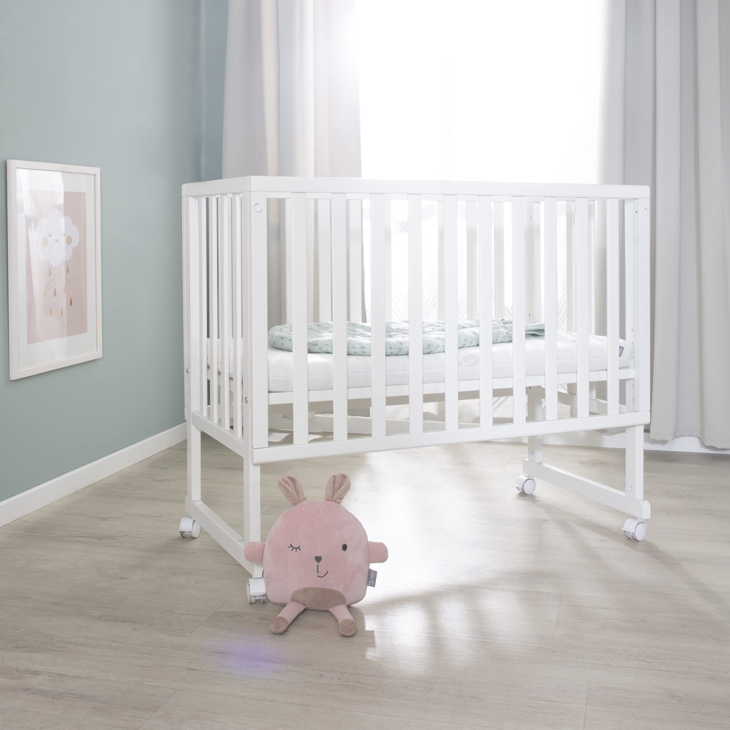 roba Cuna Colecho 45 x 90 cm Safe Asleep 3 en 1 - Altura Ajustable - Conjunto Completo con Cuna, Colchón, Barrera de Tela y Ruedas con Freno - Madera Blanca