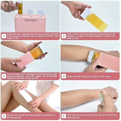 Miniatura 7 de CENYEDA - Kit de depilación 3 en 1, calentador de cera enrollable triple con 7 cartuchos de cera de miel, 150 tiras de cera y 40 toallitas para