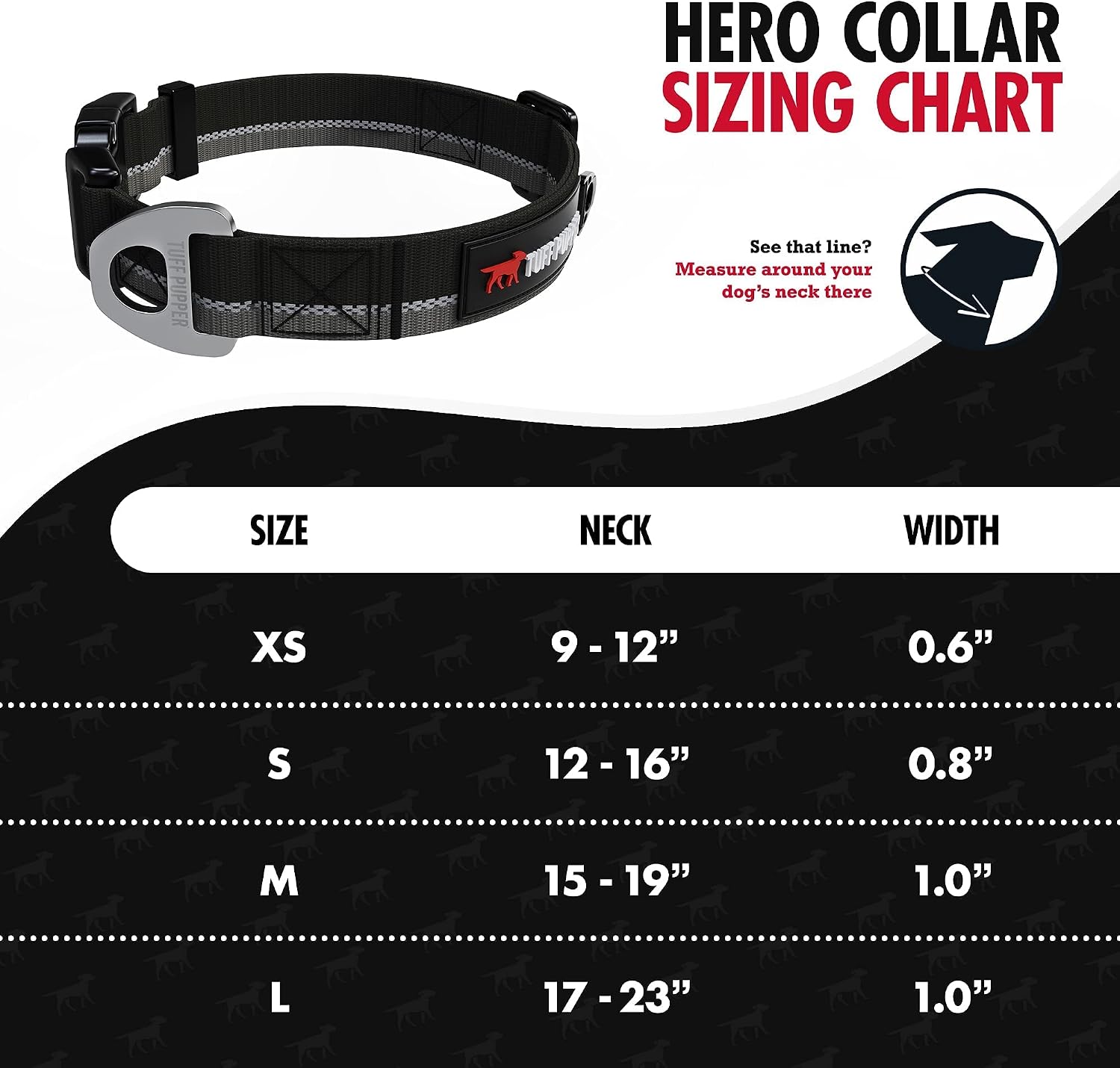 Tuff Pupper Avail Leash and Hero Collar (Neck Size 17-23") | Matching Black Color | Heavy Duty Ballistic Nylon | Safety Features for Strong Dogs | Reflective for Safe Night Walks