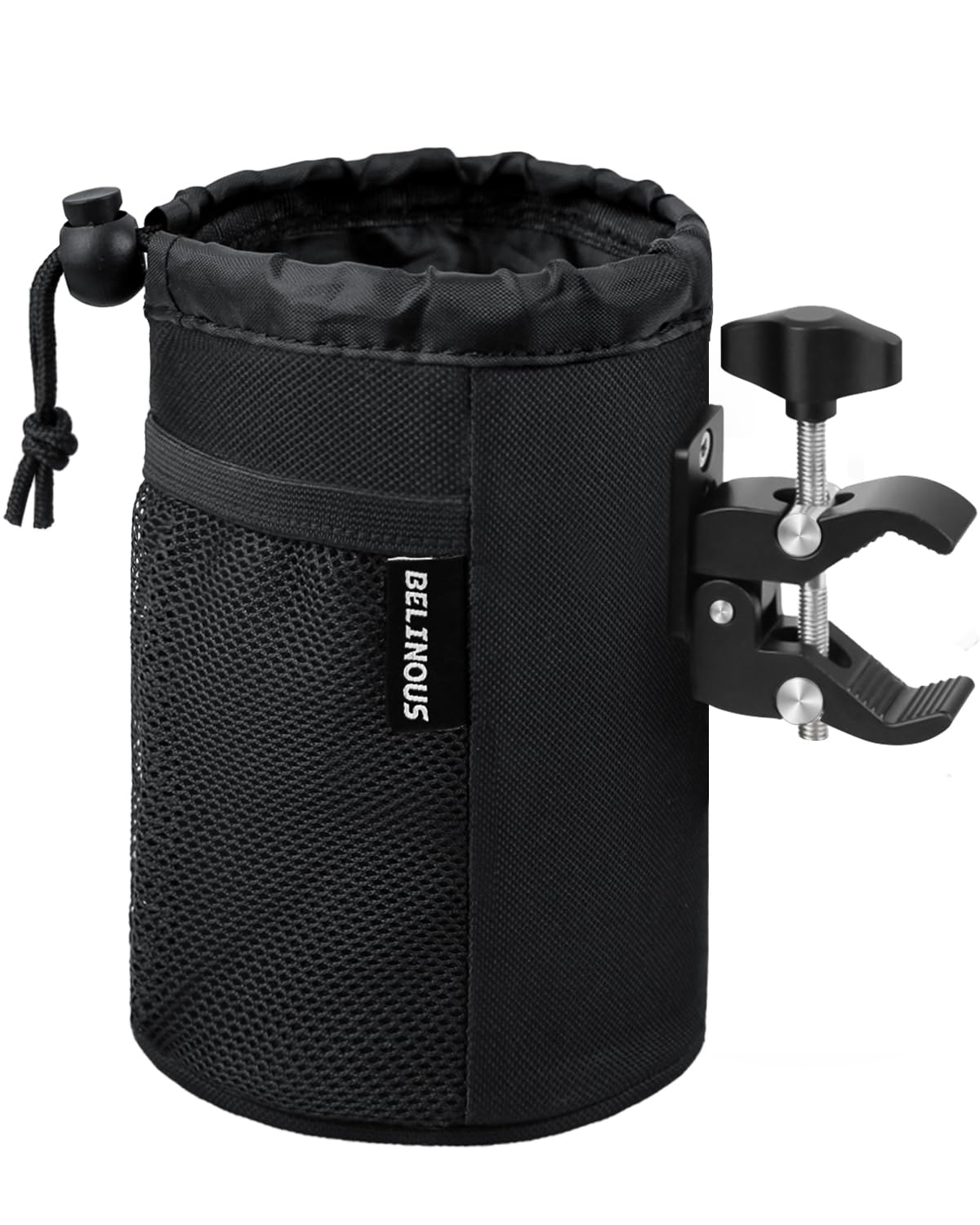 Belinous Motorcycle Cup Holder with 0.75"-1.5" Alligator Clamp, Drink Holder up to 32oz with Mesh Pockets, Universal Water Bottle Holder for Motorcycle, Bicycle, ATV, Wheelchair, e-Bike, Boat (Black)