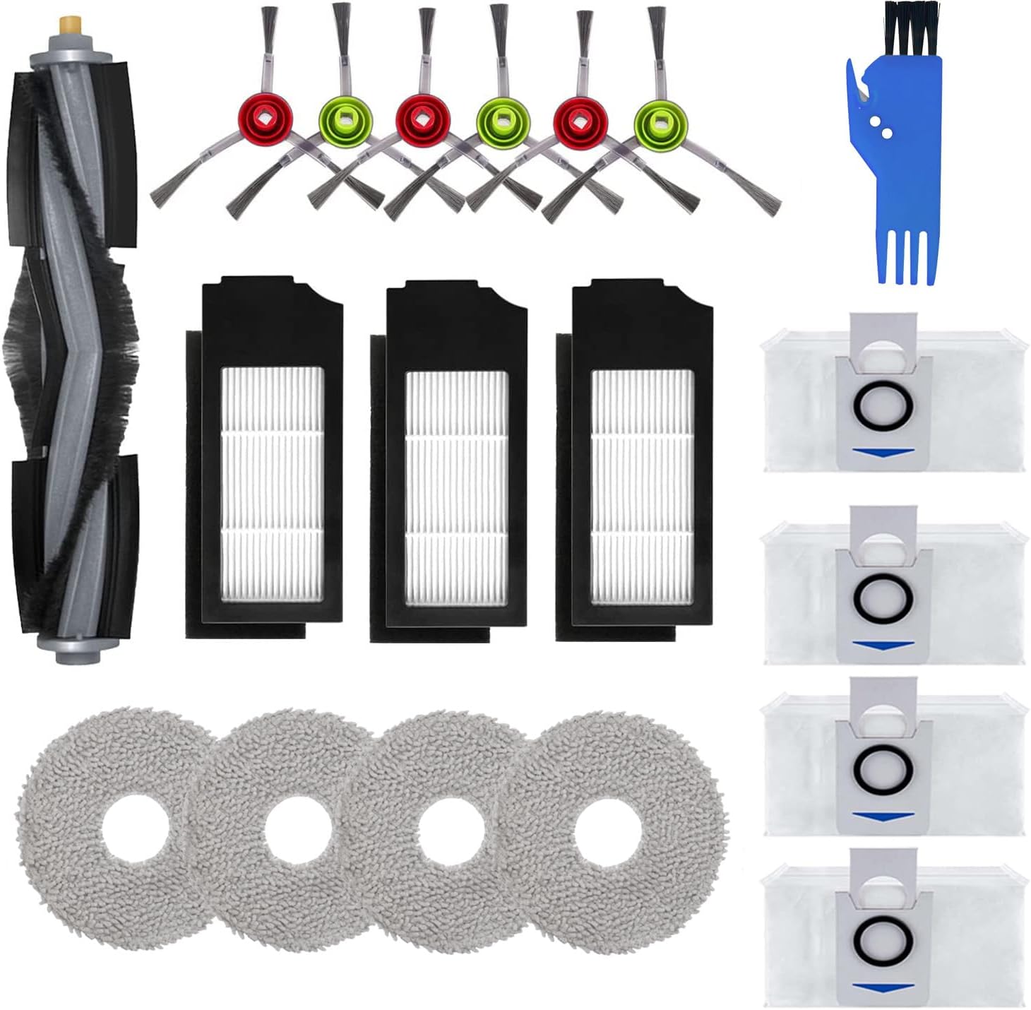 Accessories Kit for Ecovacs Deebot X1 Pro / T10 Omni, Replacement Parts for Ecovacs Deebot X1 Pro Vacuum Cleaner, 1 Main Brush, 3 Black HEPA Filters, 6 Sidebrushes, 4 Mop Pads,4 dust bag（Set 1）