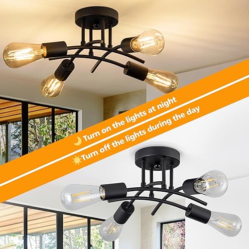 Miniatura 2 de Lámpara industrial de techo semiempotrada de 4 luces, moderna lámpara negra para cerca del techo, lámpara de araña con base E26, lámpara colgante de