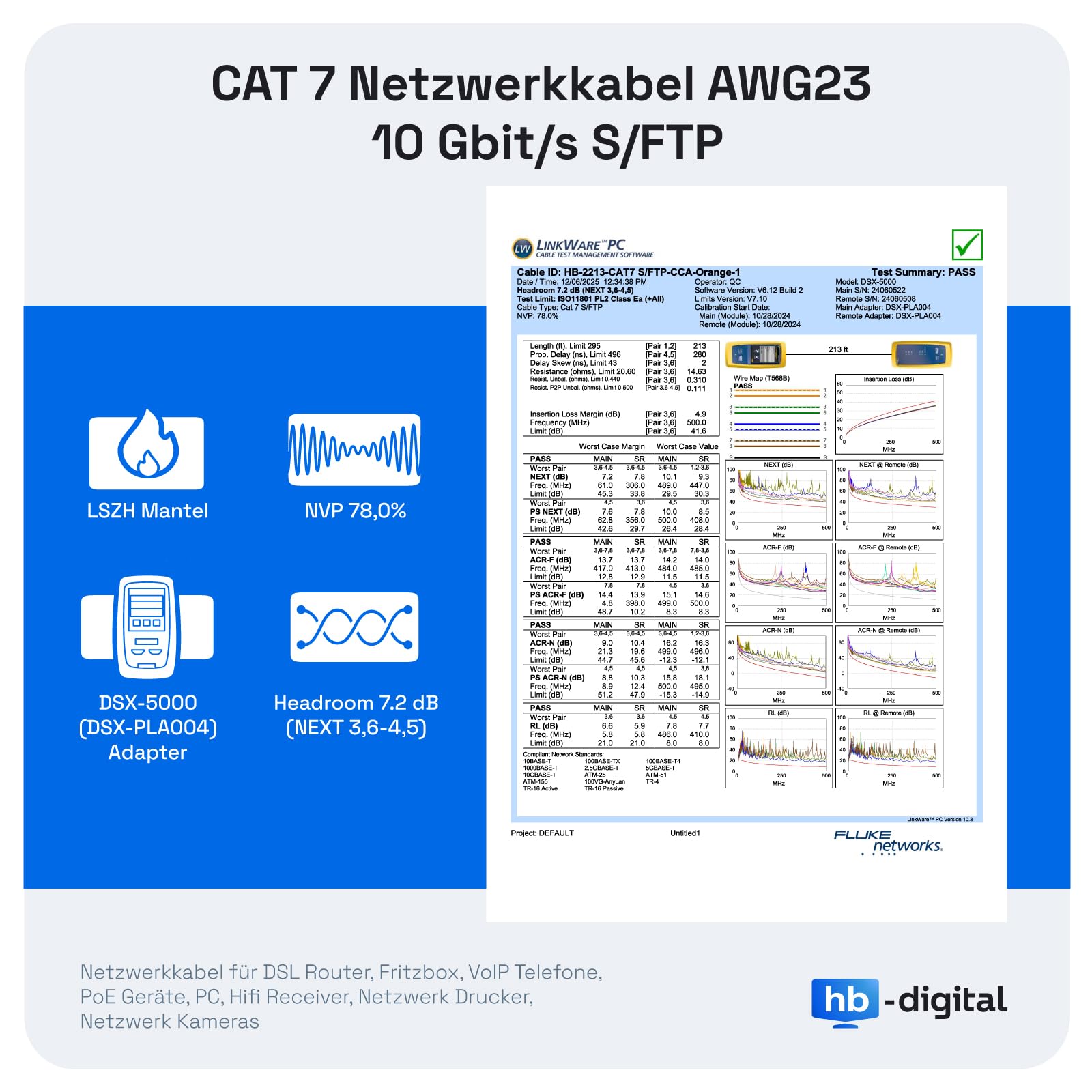 HB-Digital 100 m Cavo LAN CAT 7 fino a 10 Gbit/s rame professionale S/FTP PiMF AWG 23/1 guaina LSZH senza alogeni arancione cavo schermato per router switch modem PC smart TV patch RJ45 e console