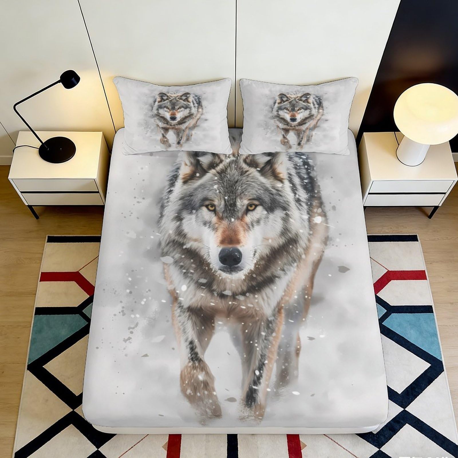 3D Printed Wolf Snow Forest Fitted Sheet Microfiber Soft Non-slip Bed Cover for Bedroom Dorm Mattress Protection Decor 160x200x25cm