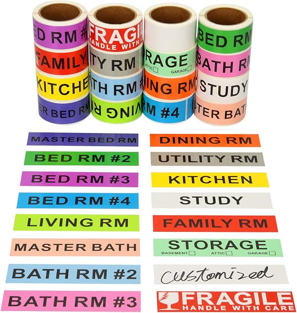 960 Home Moving Labels for 4 Bedroom House, 60 Labels per Roll, 16 Color Coded Label Rolls, Included Fragile Stickers and Blank Label, for Moving Supplies, Cardboard Box, Wardrobe Boxes