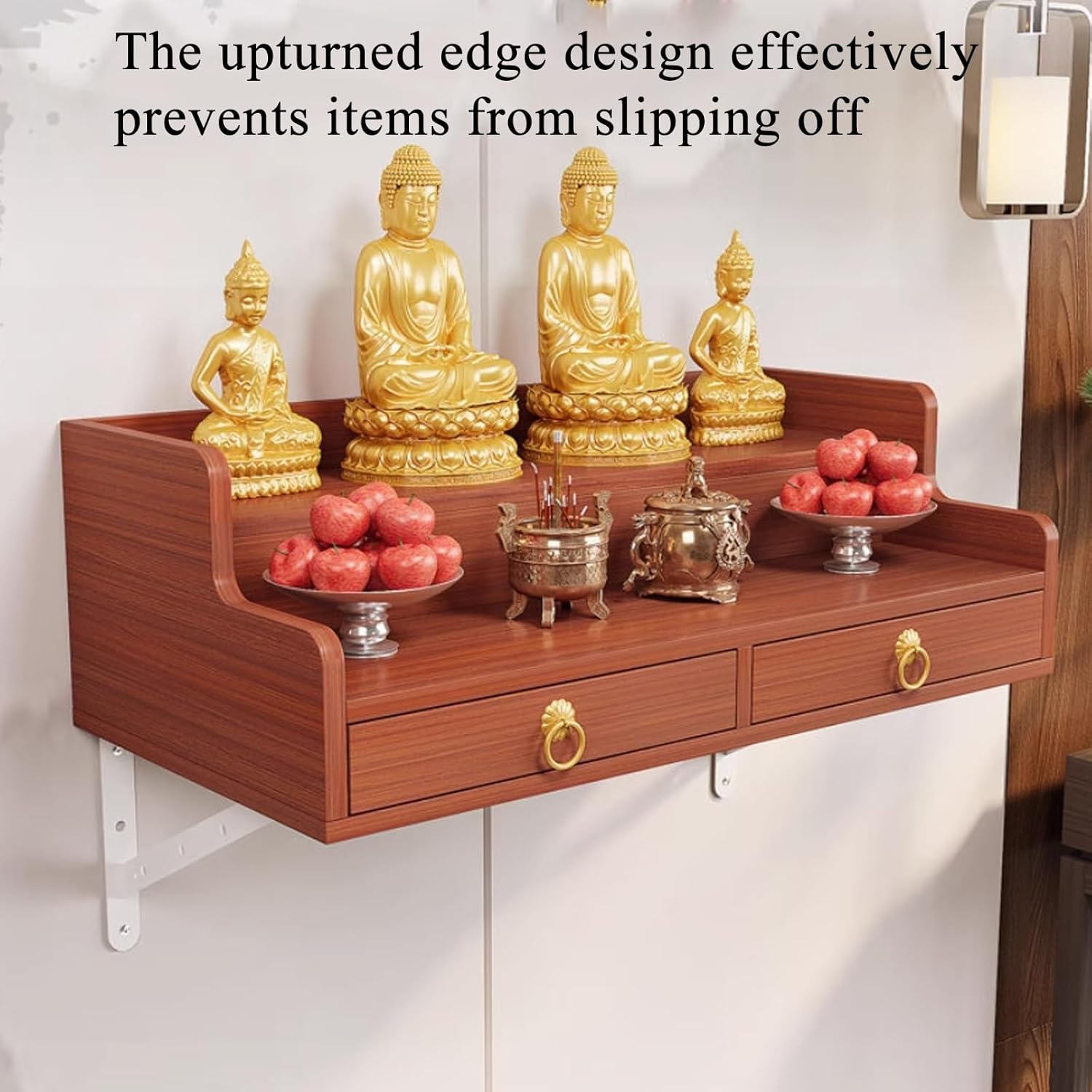 Buddha shelf,Household Solid Wood Wall Cabinet Buddha Cabinet Niche with Drawer,Wall-Mounted Buddha Statue Stand Shrine Altar Table,Bamboo Buddhist Offering Niche for Pooja and Incense Tribute(Light w