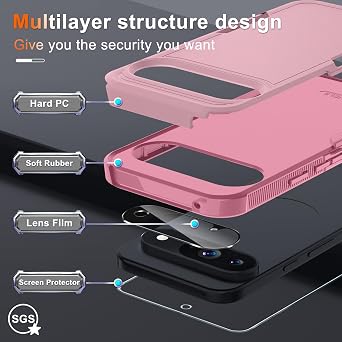 for Google Pixel 10 Pro XL Case with Wrist Lanyard Strap+Tempered Glass Screen Protector+Camera Lens Cover,Full Body Heavy Duty Rugged Shockproof Protective Phone Cover,Cute Pink