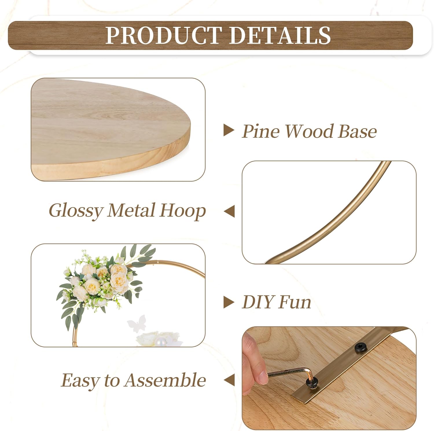 Hanobe Gold Cake Stand for Wedding: 11.7 Inch Round Arch Cupcake Display Stands with Wood Base Decorative Metal Hoop Centerpiece Decor for Party Birthday Baby Shower