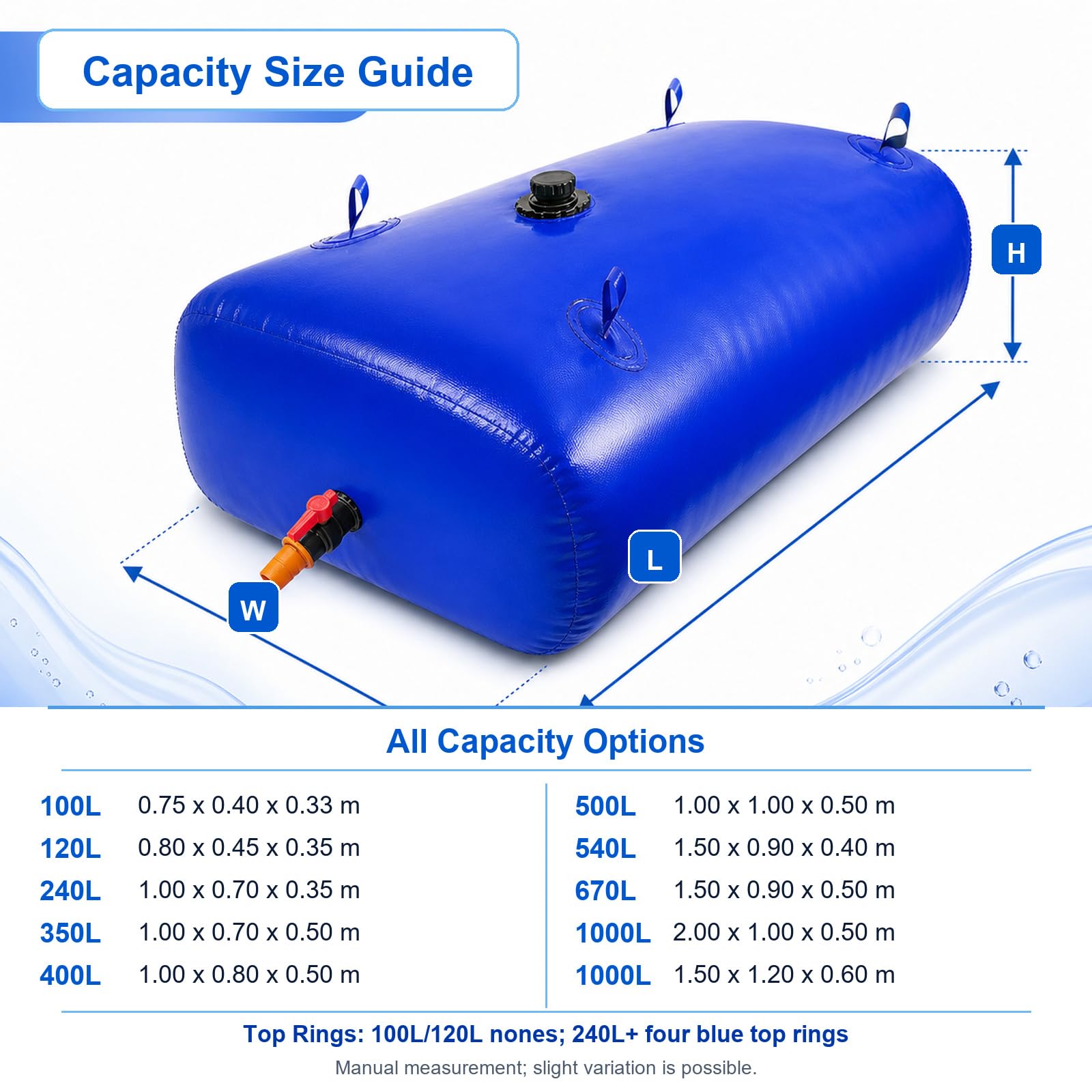 DepóSito De Agua Plegable De PVC,Vejiga De Almacenamiento De Agua,Deposito Agua Flexible Gran Capacidad,Bolsa Agua Plegable con Grifo,para JardíN,Acampar,Hogar,Riego AgríCola