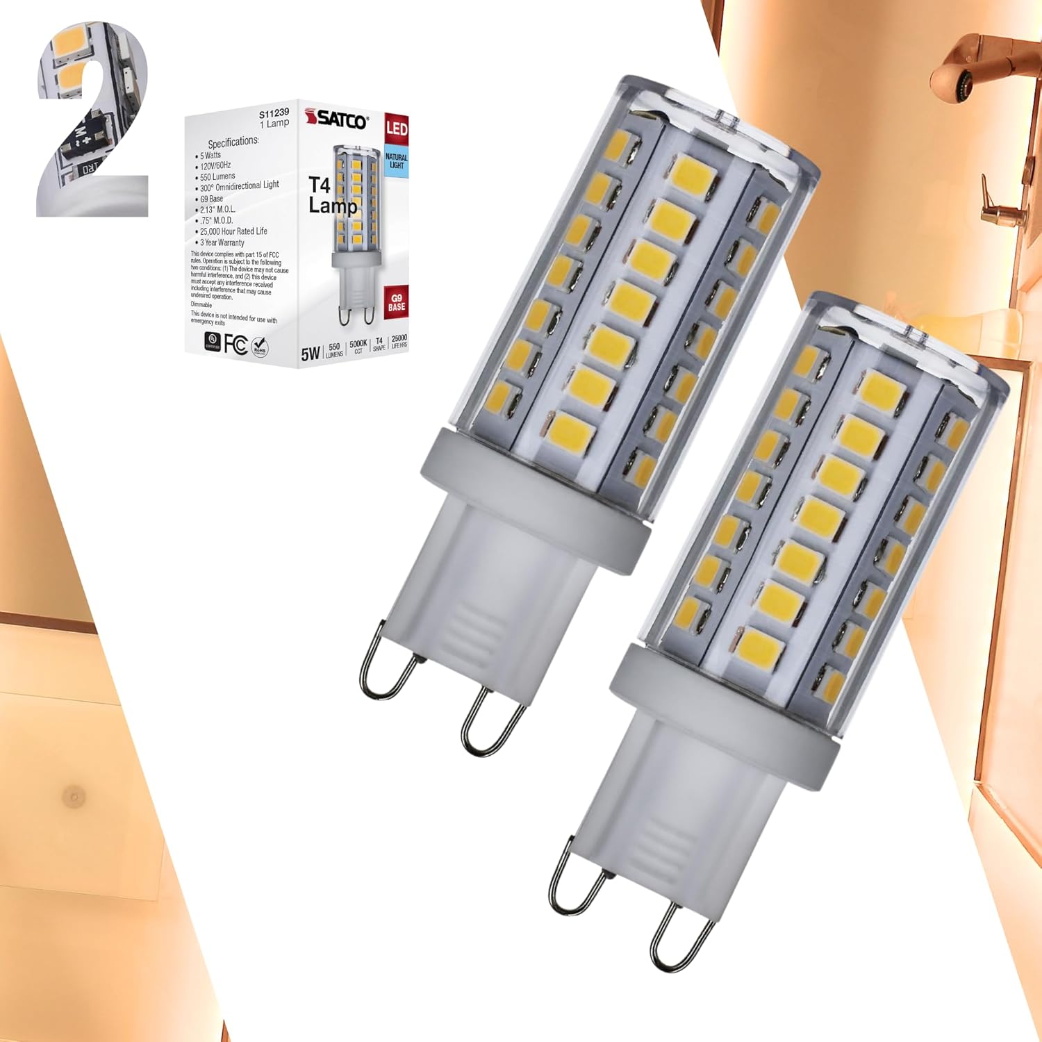 Satco S11239 5W/LED/G9/850/CL/120V/DIM – 5 Watt G9 LED Bulb; Clear Finish; 5000K Natural Light; T4 Shape; 120 Volt; 40W Equivalent; Dimmable (2 Pack)
