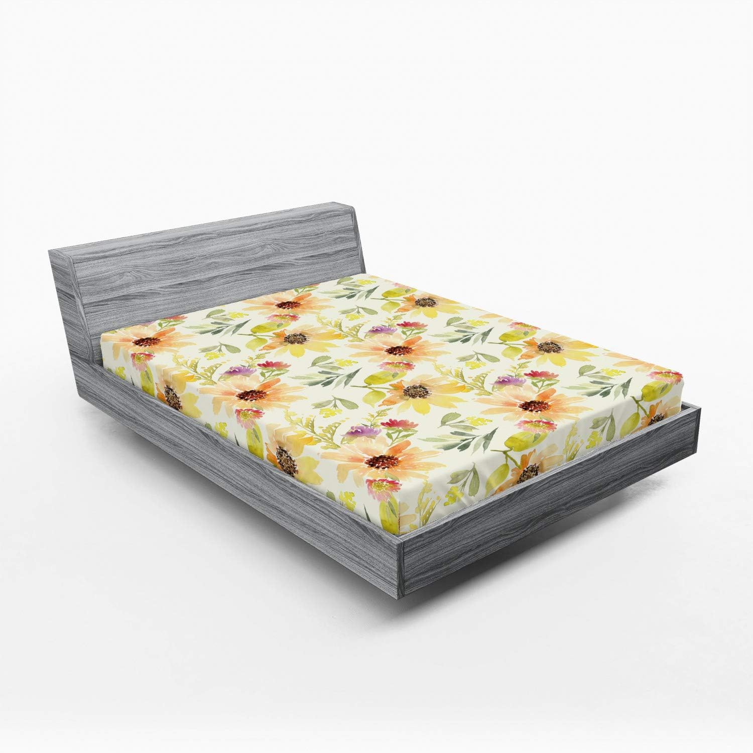 Lunarable Watercolor Flower Fitted Sheet, Pastel Colored Summer Sunflowers with Pale Leaves Nature Style, Soft Decorative Fabric Bedding All-Round Elastic Pocket, Queen Size, Orange Cream
