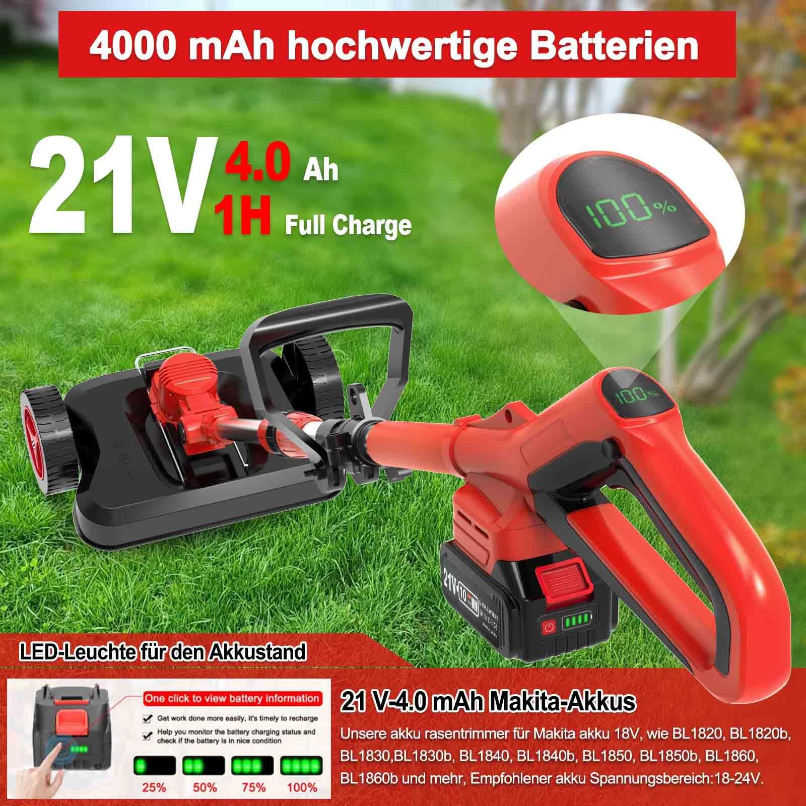 Rasentrimmer mit Akku und Unkrautbürste, 9" Bürstenlose Freischneider,mit 2 Akku 4.0Ah, 21v unkrautbürste akku, Trimmer Garten mit 4 Klingentypen, für Garden Trimmen