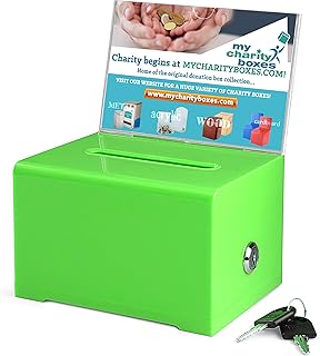 Donation Collection Ballot Box Ticket & Drawing Voting or Comment Box office and fundraising suggestion box 6.25 x 4.75 x 4 inch, Display Sign Holder 4 x 6 inch with Lock and keys (Green)