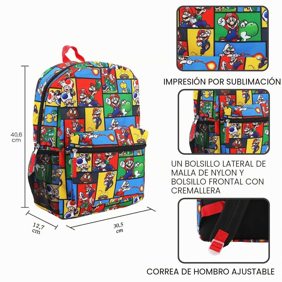 Super Mario Brothers - Mochila con estampado integral, 45,7 cm, Super Mario Aop, OSFA, personalizable