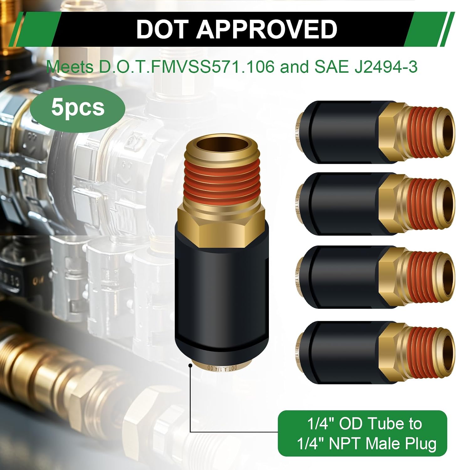 1/4" DOT Air Fittings Straight Union 5PCS, 1/4" Tube OD x 1/4" NPT Thread PTC/PTCR & Brass Air Line Quick Connect Fittings for Truck Trailers and Air Brake System