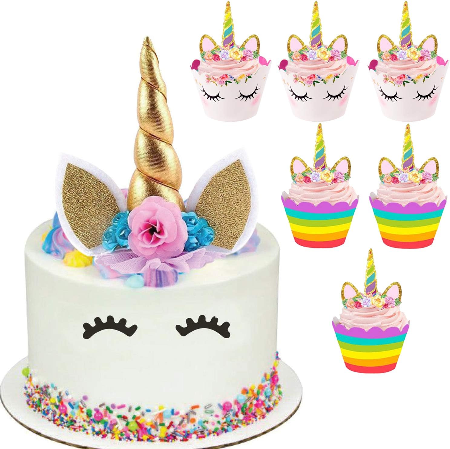 Unicorn Cake Topper with 24 pcs Unicorn Cupcake Toppers Wrappers Horn Cake Decorations for Birthday Party, Baby Shower