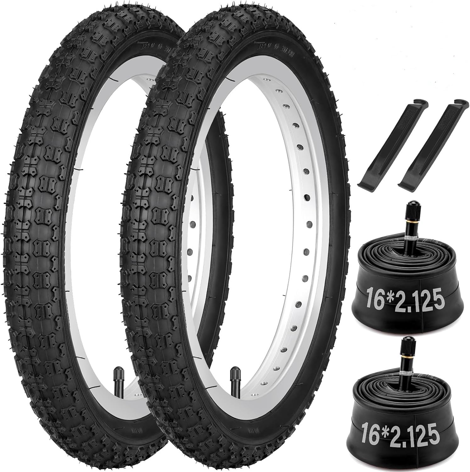 16 Inch Kids Bike Tyres 16 x 2.125 Folding Bicycle Tyres Plus 16“ Inner Tubes 32mm Schrader Valve Compatiable with 16 BMX MTB Children Racing Bike