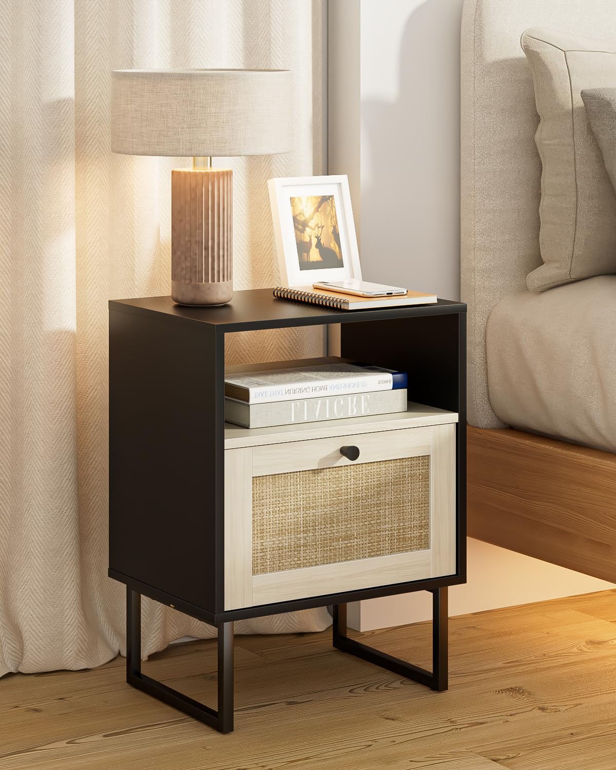 Rattan Nightstand, Boho Night Stand Farmhouse Wood Bedside Table with Storage and Open Shelf, End Side Accent Table for Bedroom,Living Room,Black and Oak