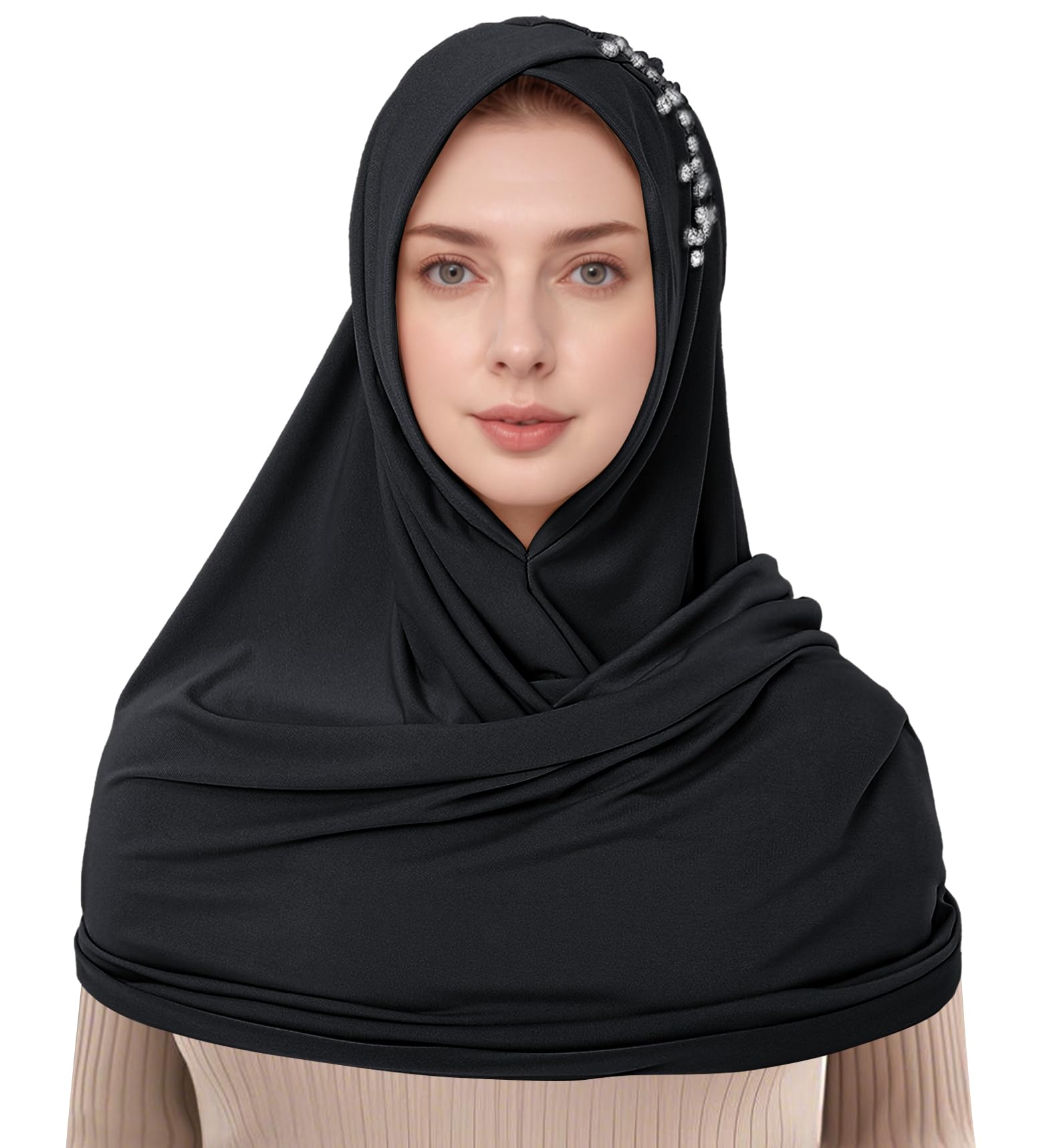 YI HENG MEI Instant Jersey Hijab Scarf for Women with Rhinestones, Pre-sewn Non-See Through Hijabs Muslim Head Scarfs, Black