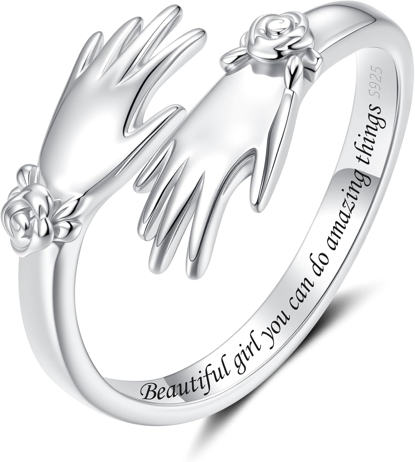 925 Sterling Silver Hug Rings for Women Adjustable Hugging Hands Ring Open Jewelry Promise Rings Valentines Birthday Mothers Day Gifts for Mom Wife Daughters Granddaughter Friends