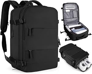 TORIBIO Carry on Backpack Women, Waterproof Laptop Travel Bag | Carry on Backpack with Shoe Compartment Wet Pocket and USB Charging Port for College Business Outdoor Sports Hiking, Black