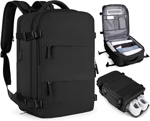 TORIBIO Carry on Backpack Women, Waterproof Laptop Travel Bag | Carry on Backpack with Shoe Compartment Wet Pocket and USB Charging Port for College Business Outdoor Sports Hiking, Black