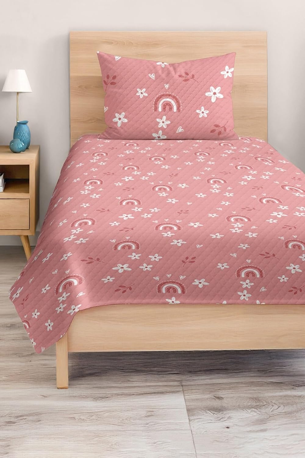 SODEF Bedding Set Twin Size Pink Floral Rainbow Print 2 Piece Quilt Set for Baby Girls and Kids, Soft Cotton Polyester Blend, Multicolor, One Size