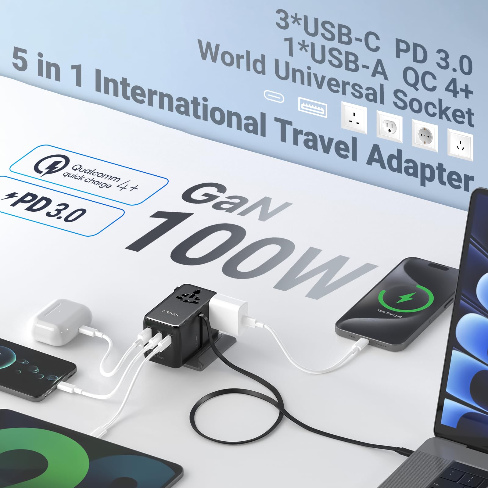 MINIX Adapter do podróży uniwersalny 100W z przewodem USB C składanym, PD 3.0 GaN III, porty USB-C * 3 USB-A * 1, gniazdo AC, ładowarka podróżna globalna dla laptopów, tabletów, telefonów