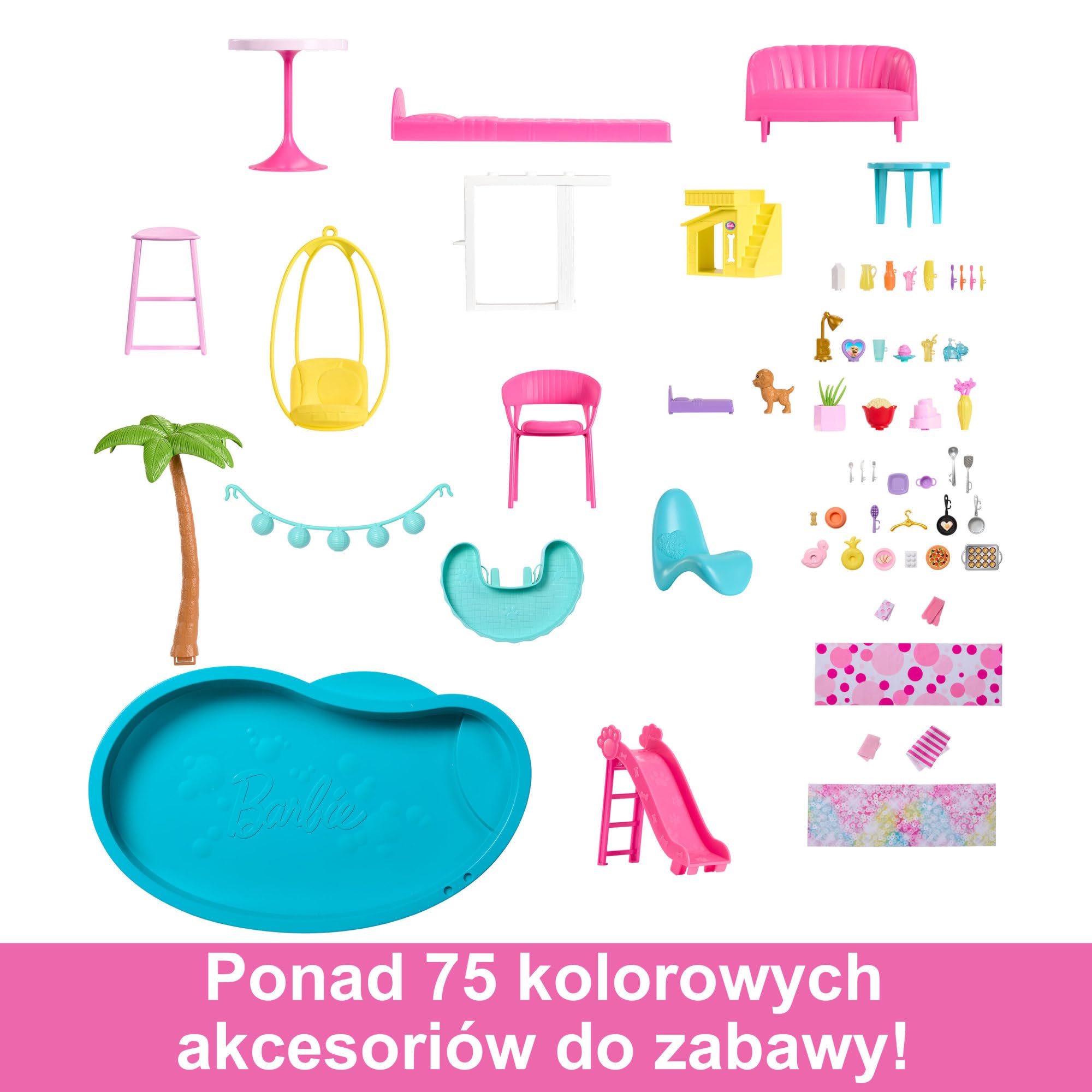 Barbie Dreamhouse Dom Marzeń Domek dla lalek ze zjeżdżalnią sięgającą górnego poziomu, windą i miejscem do zabawy dla zwierzątek oraz ponad 75 akcesoriami, HMX10
