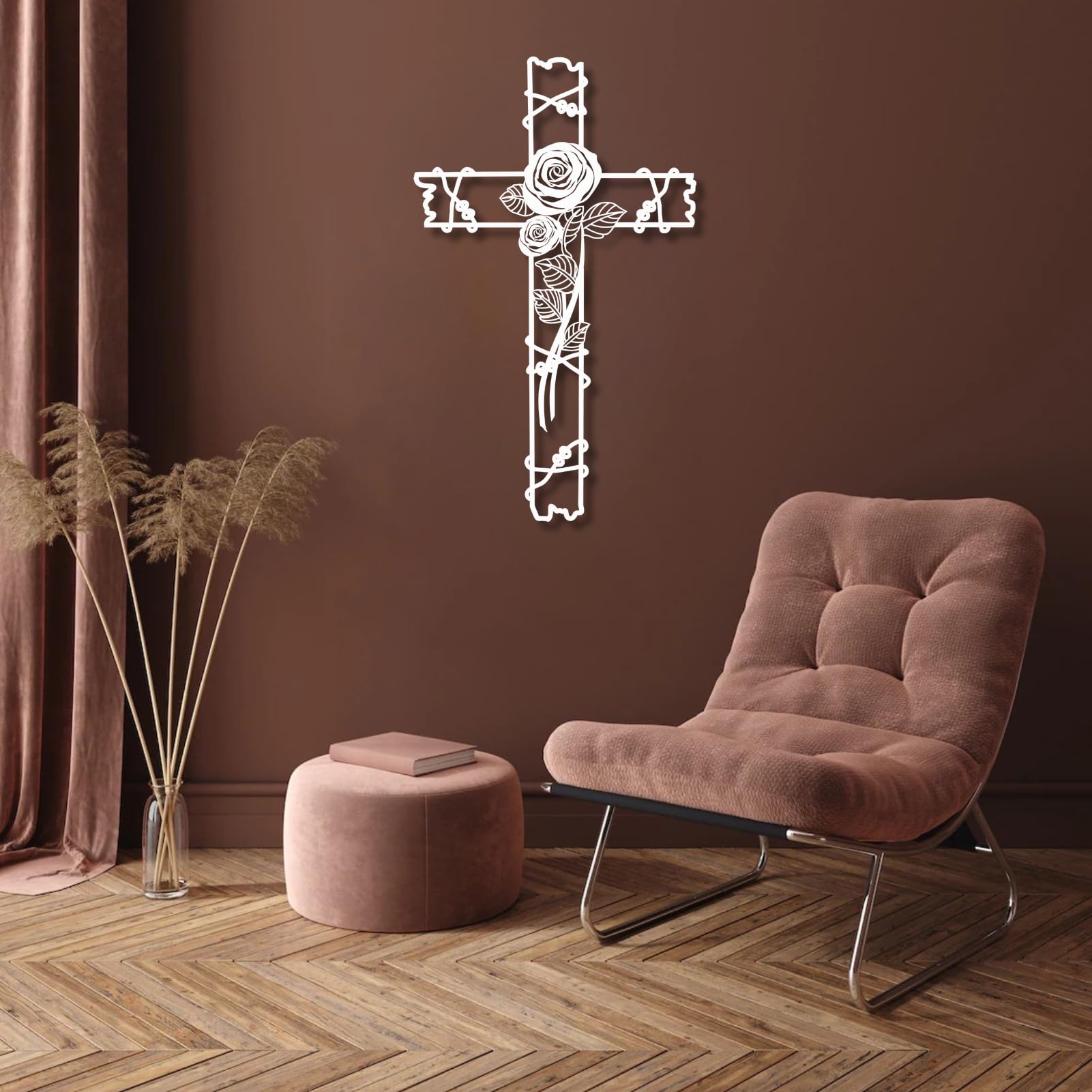 Metalowy czarny kwiatowy krzyż na ścianę, rustykalny metalowy religijny motyw ścienny, dekoracja kościoła, dekoracja salonu, sypialni, korytarza i schodów, naturalny wystrój domu (czarny, 48